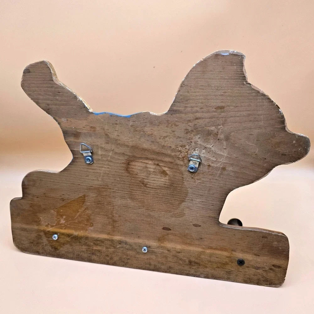 Vintage Wooden Teddy Bear Wall Hook Rack Kids Decor Blue Overalls 3 Pegs‎